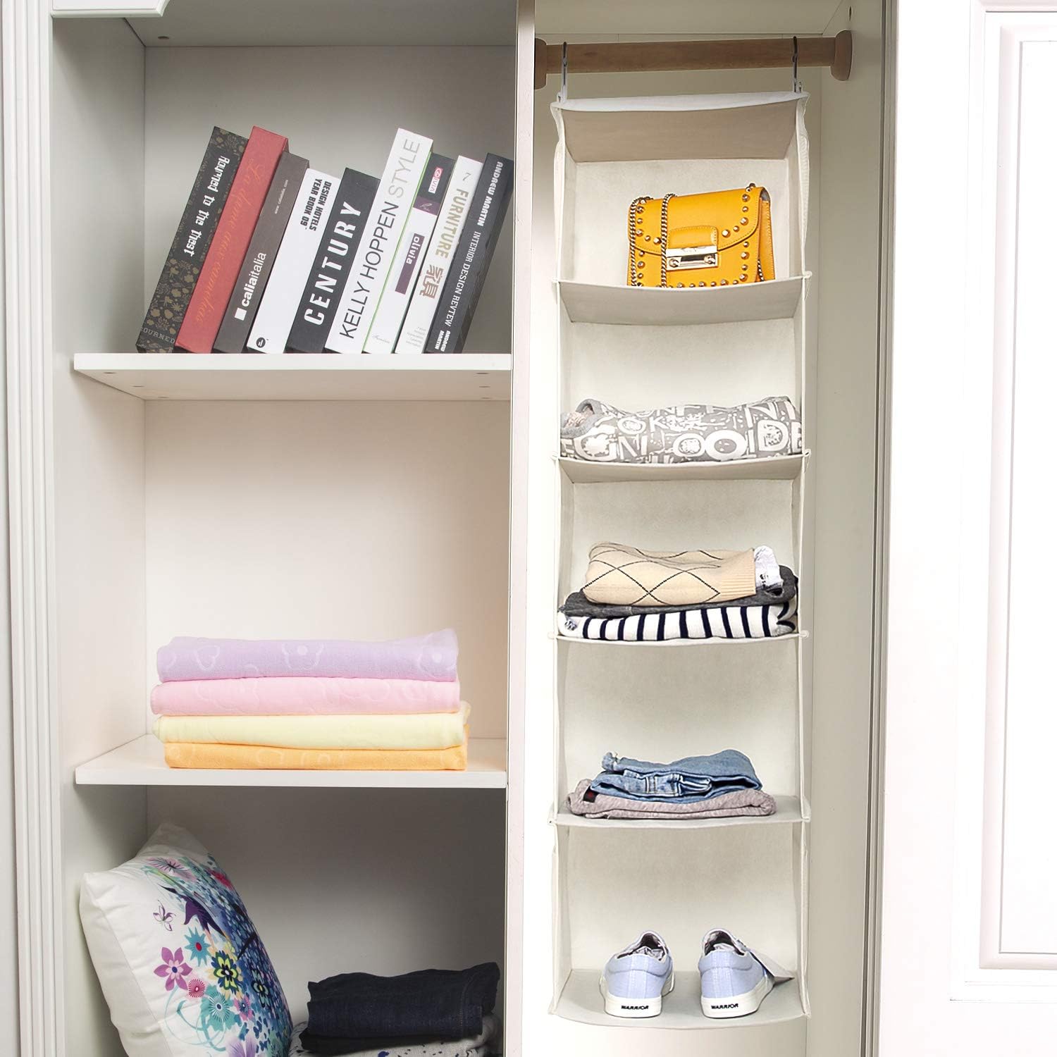 2 PCS Hanging Wardrobe Closet Storage with 5 Shelves Organiser, Storage Shelves Unit with 6 Pockets for Clothes -Beige(12 X 12 X 43 Inch)