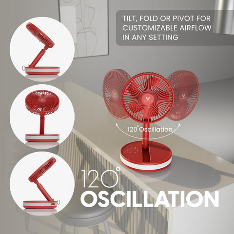VENTY Portable Fan - Wireless, Battery Operated, 48HR Run Time, Oscillating, Remote Control & LED Lighting, Folding Telescopic Camping Fan (Red with Case)