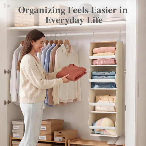 Lifewit 4-Tier Hanging Wardrobe Storage Organiser – Grey Foldable Closet Shelves with Clear PVC Window