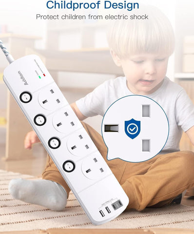 1.8M 4 Way Extension Lead with 4 USB Ports (2 USB-C) – Surge Protection & Individual Switches for a Tidier Home and Workspace