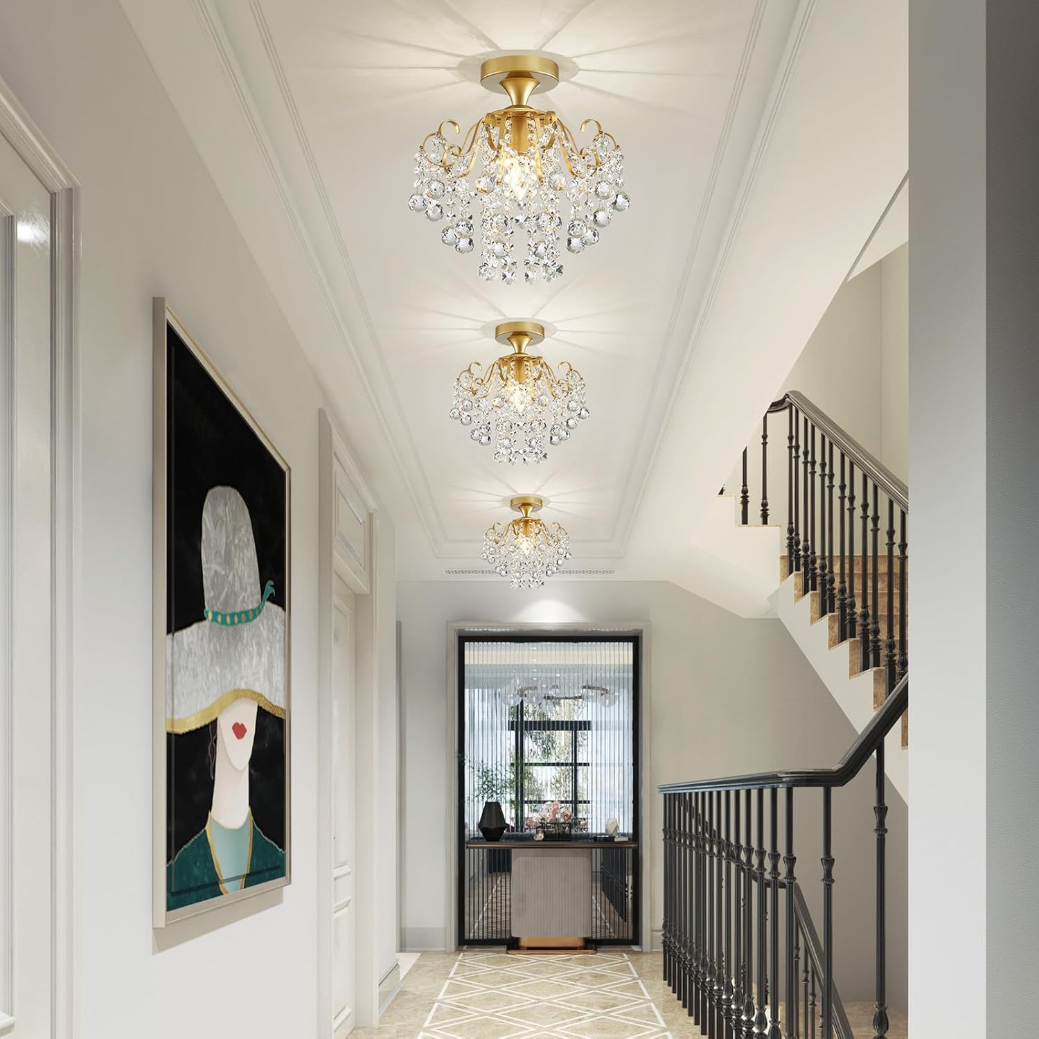 Luxurious staircase with crystal chandeliers and decorative wall art.