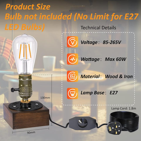 Bonlux Industrial Table Lamp – Dimmable E27 Steampunk Desk Lamp with Touch Control, Brown Wooden Base for Bedroom, Study & Living Room