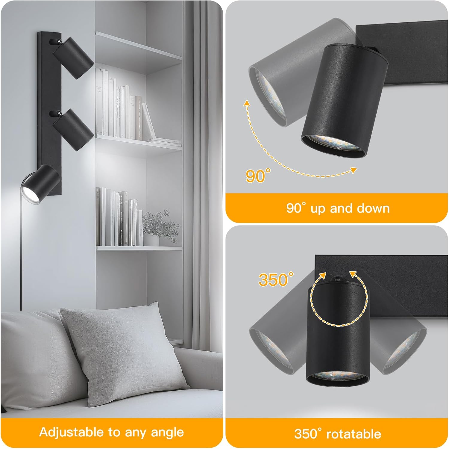 Black wall lights adjustable to any angle and rotatable on a gray background