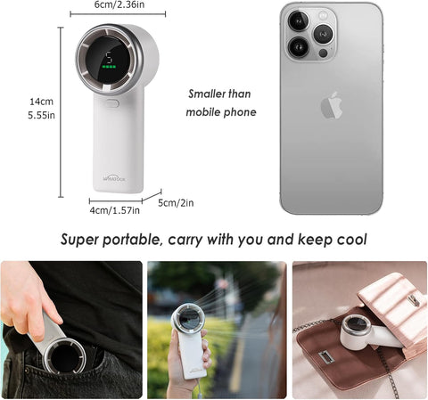 WHATOOK Handheld Fan, 2024 Powerful High Speed Cooling Turbo Mini Fan with LED Display, 5 Speeds USB Rechargeable Portable Fans, 2H Fast charging, Personal Small Stylish Travel Fan for Woman Outdoor