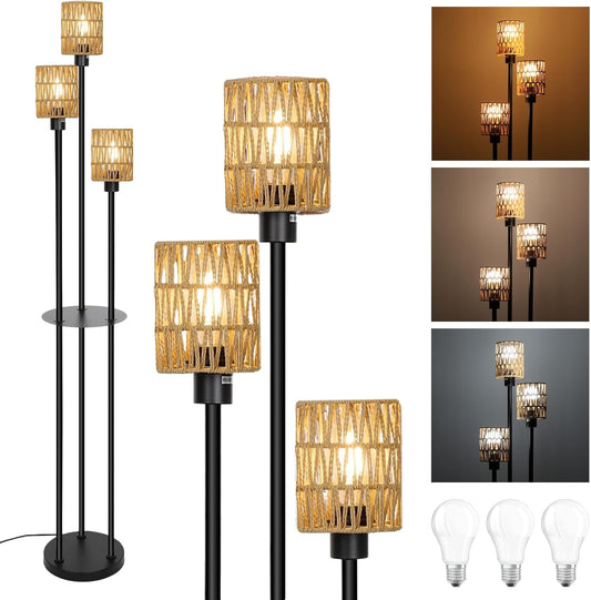 Floor Lamps for Living Room,Boho Metal Black Floor Lamp with Shelves,Rattan Floor lamp with 3 Color Temperatures&Foot Switch,FarmhouseTall Pole Standing Lamps for Living Room Bedroom Office