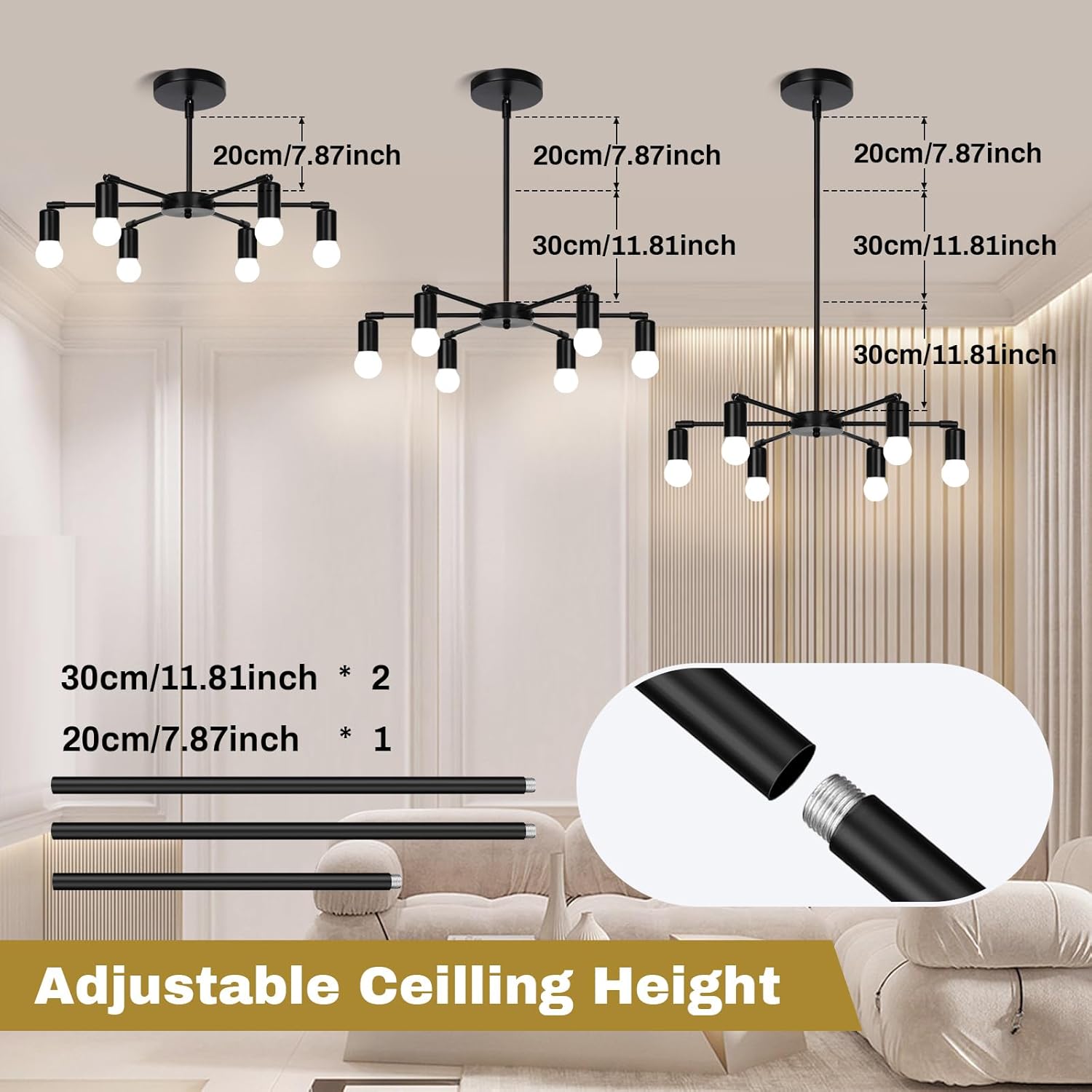 Black chandelier with adjustable ceiling height features shown in a living room setting.