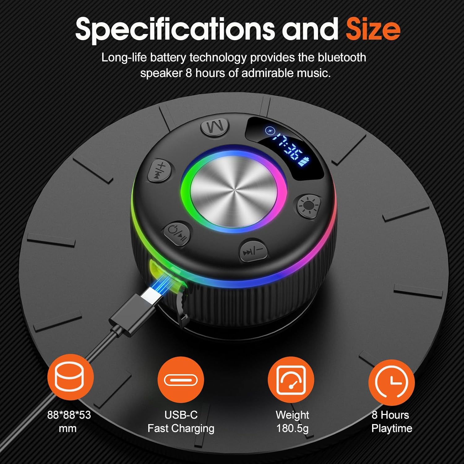 Bluetooth speaker with charging cable on a dark background, featuring specifications and size details.