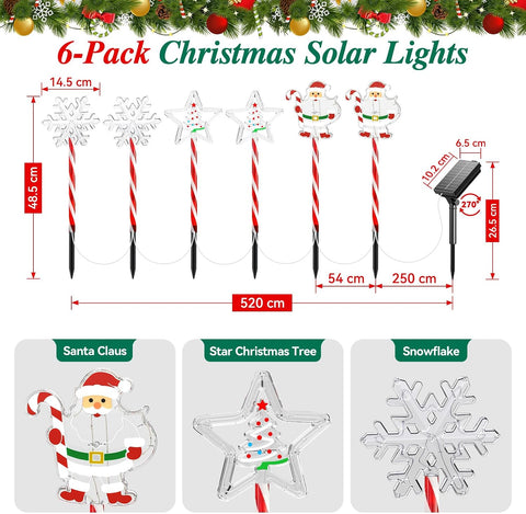 GEARLITE Solar Christmas Lights 6Pack Santa Snowflake Star Candy Cane Light