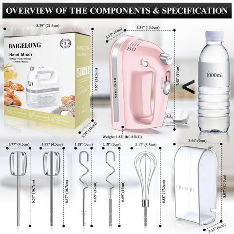 300W Hand Electric Mixer – 5 Speeds + Turbo, 5 Stainless Steel Attachments, Pink, Ultra Power Kitchen Baking Blender