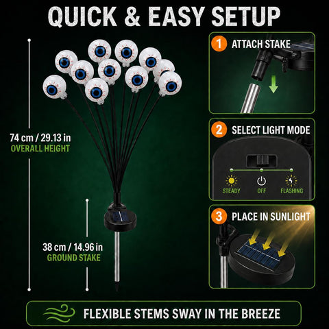 Solar Powered Halloween Eyeball Garden Lights, 12-Piece Green LED Stake Set, IP65 Waterproof Outdoor Lawn and Pathway Decorations.