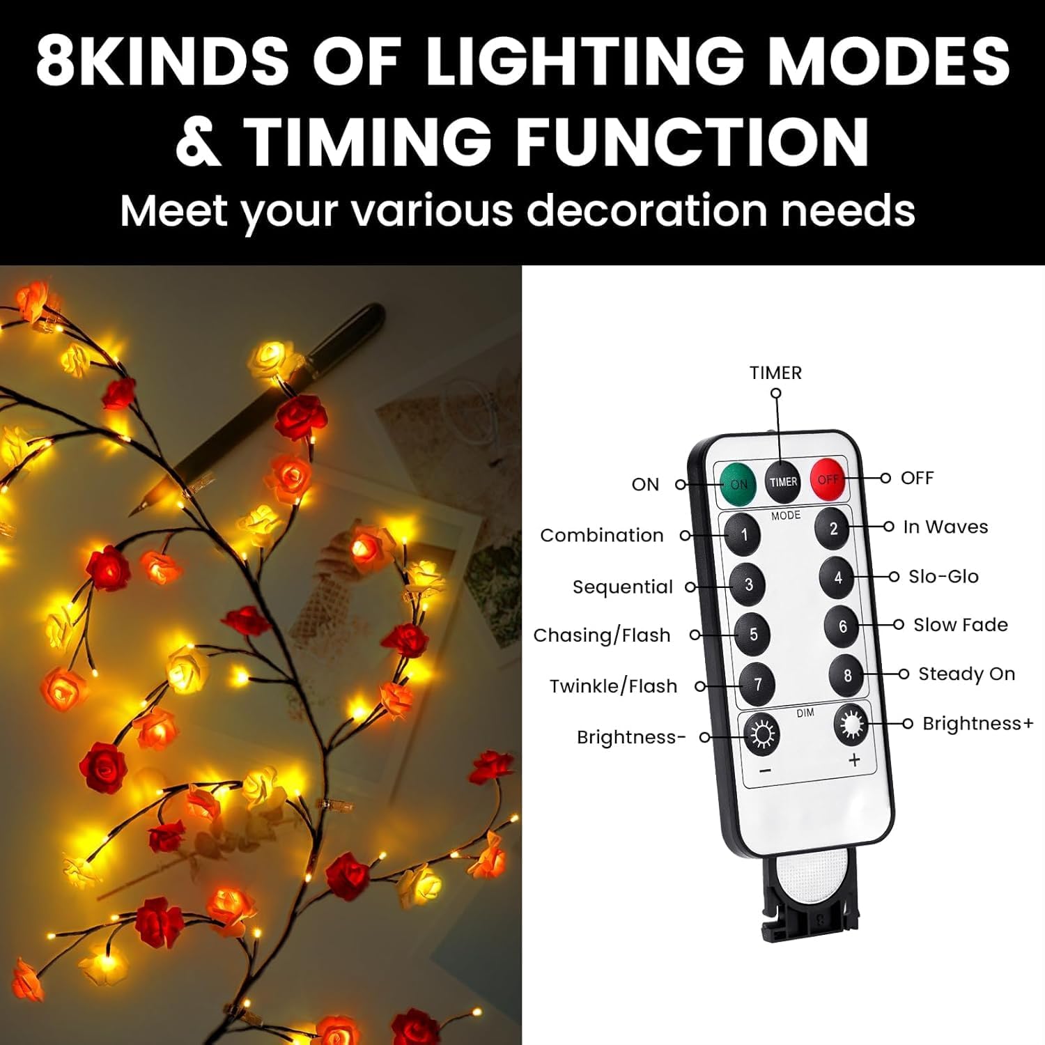 Decorative string lights with a remote control showing lighting modes and timing functions.