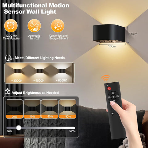 Battery Wall Light Indoor with 3 Colors, 5000mAh Wall Lamp without Power Connection, Rechargeable LED Wall Light with Motion Sensor, Wireless, Remote Control, Wall Light Up and Down for Hallway