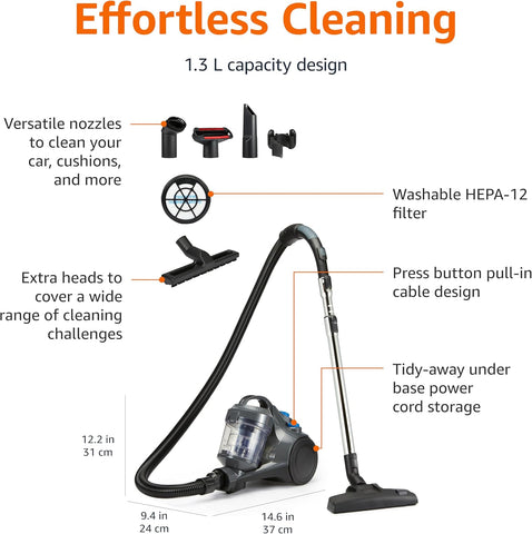 Amazon Basics 850W Bagless Cylinder Vacuum Cleaner – Lightweight 1.3L Compact Design with HEPA Filter & Multi-Surface Nozzle, Grey
