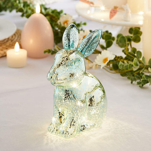 15cm Blue Mottled Glass Easter Bunny LED Table Light – Warm White Battery Lamp with Timer