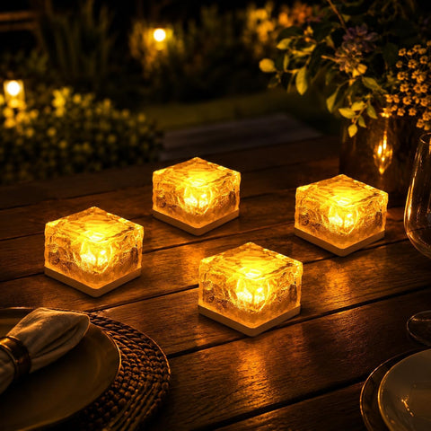 GWSOLAR Solar Ground Lights 4 Pack, Sodium-Style Warm Glow, 7cm Brick Ice Glass Design, Auto On/Off, IP65 Waterproof Outdoor Garden Lights for Pathway, Patio & Tabletop