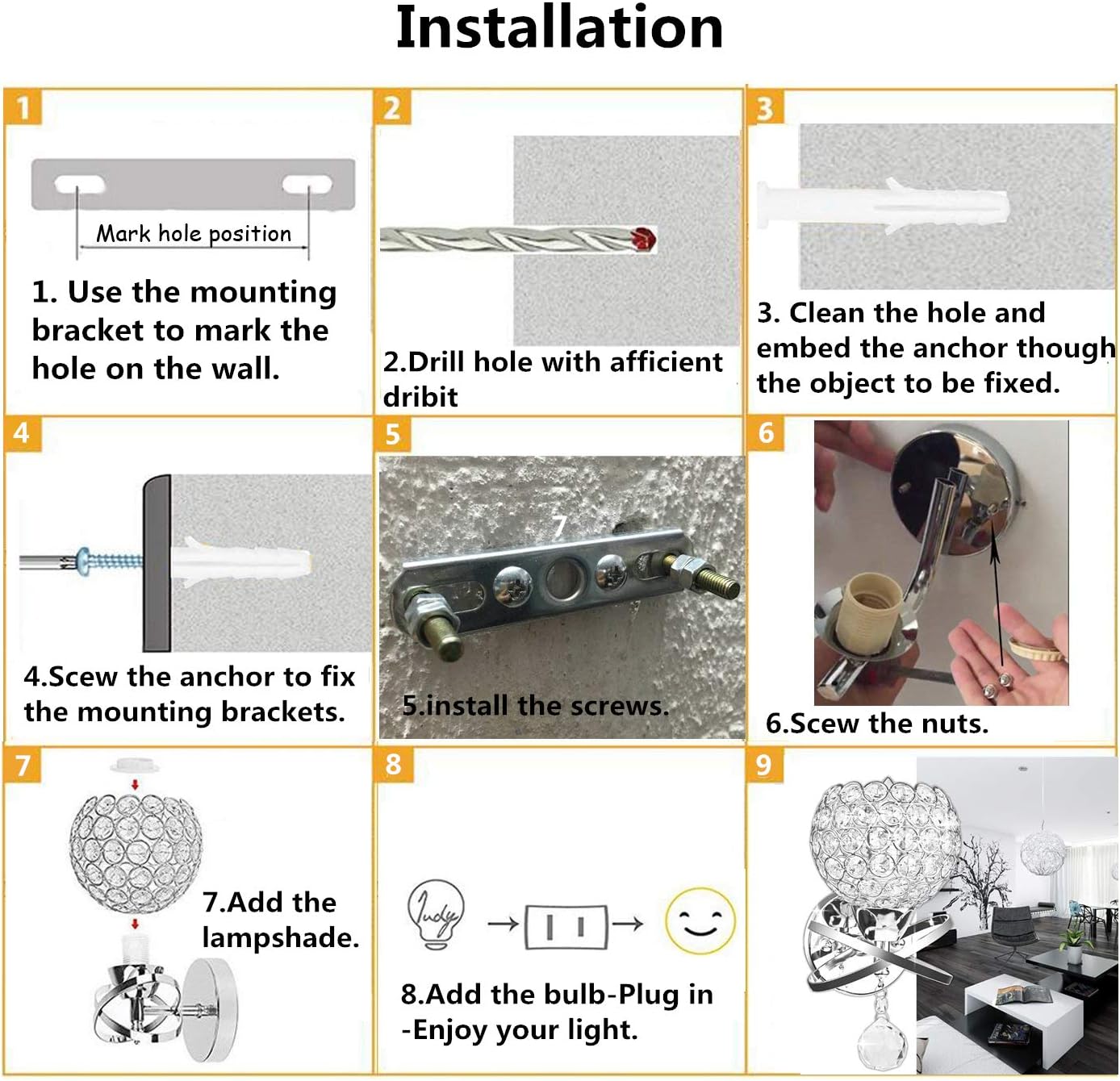 Step-by-step installation guide for a light fixture with labeled steps and images.