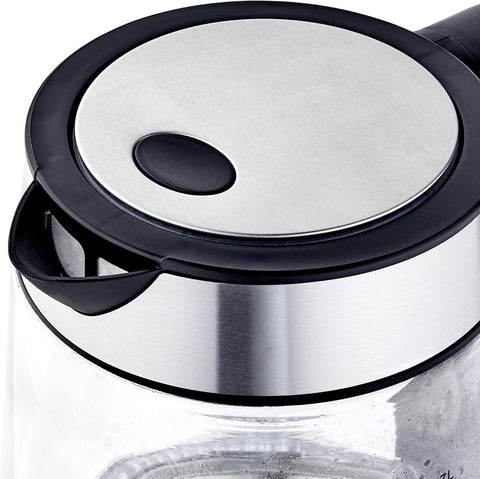 Amazon Basics 1.7L Electric Glass Kettle – Fast Boil 2200W, LED Illumination, Auto Shut-Off, Cordless Design – Black/Silver