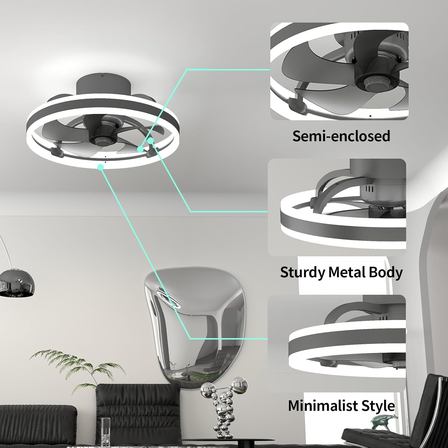 Ceiling fan with semi-enclosed design, sturdy metal body, and minimalist style in a modern room setting.