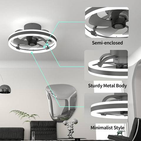 Ceiling fan with semi-enclosed design, sturdy metal body, and minimalist style in a modern room setting.