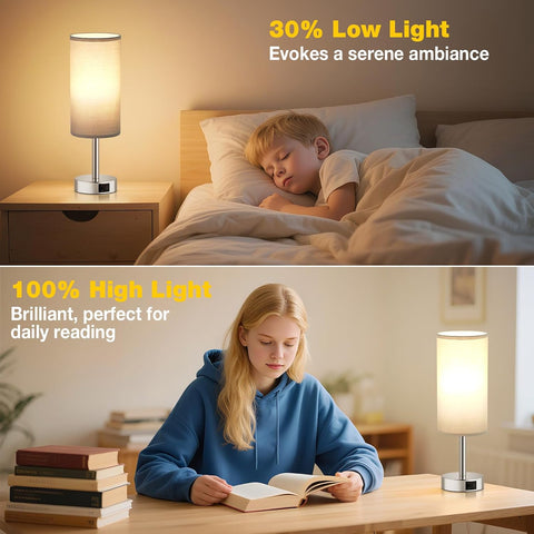 Aooshine Touch Bedside Lamp with 2 USB Charging Ports – Grey Table Lamp with 3 Brightness Levels, E27 LED Bulb & Touch Control for Bedroom, Study & Living Room