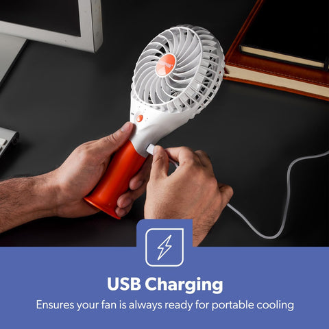 Rechargeable Mini Handheld Fan USB Portable 3 Speed 8Hr Runtime Orange