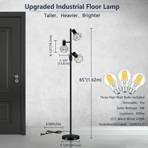 Industrial floor lamp with specifications and bulb details on a gray wall background