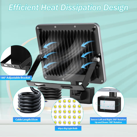 50W Outdoor Security Lights Motion Sensor, 5000LM LED Floodlight IP67
