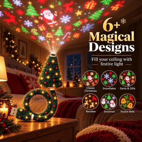 Christmas Projector Light – Plug and Play HD LED Christmas Projection Lamp with 6 Festive Scenes, USB Design for Walls, Ceilings & Holiday Decorations