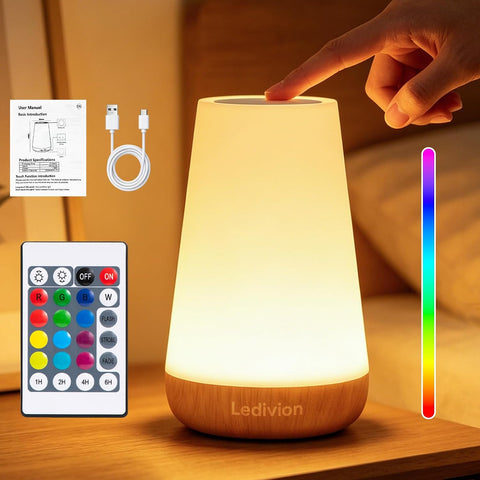Ledivion LED Touch Bedside Table Lamp – RGB Colour Changing Rechargeable Night Light with Remote Control, 5 Brightness Levels & Timer