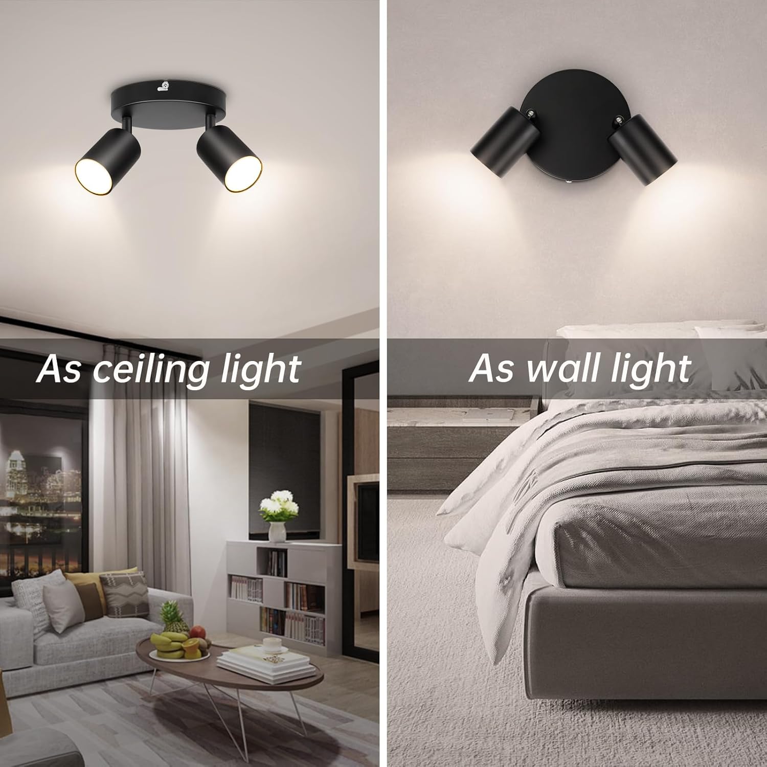 Two images showing a black ceiling light fixture and a wall-mounted light fixture in a living room and bedroom setting.