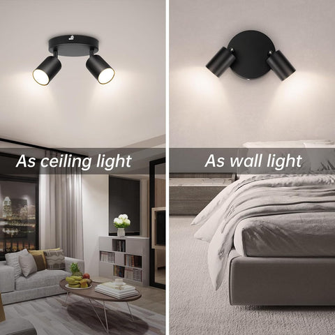 Two images showing a black ceiling light fixture and a wall-mounted light fixture in a living room and bedroom setting.