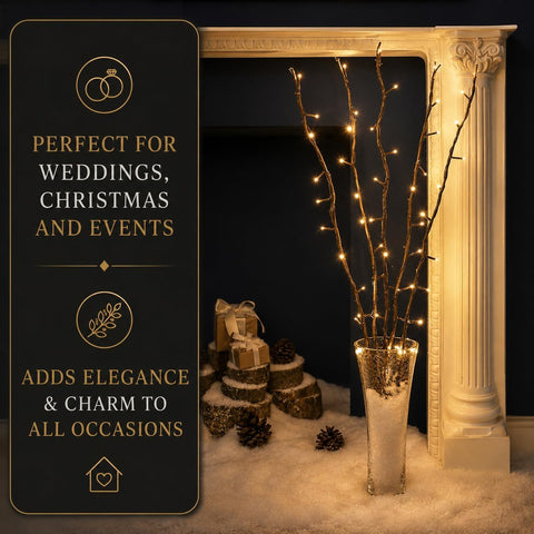Festive Lights 5 x 87cm Brown Willow Twig Branch Lights – 50 Warm White LED Indoor Decorative Lights for Vases, Tables, Bedrooms & Living Rooms