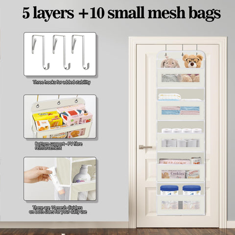 KYEVIS Over The Door Storage Organiser, 5 Shelves with 10 Mesh Pockets, Dark Grey – Keep Baby Essentials Neatly Within Reach