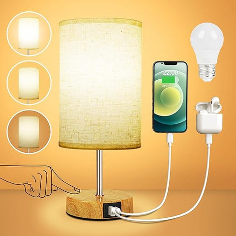 Suright Touch Control Bedside Lamps, 3-Way Dimmable Table Lamp with USB A+C Charging Ports, Touch Lamps Bedside with Linen Fabric Shade