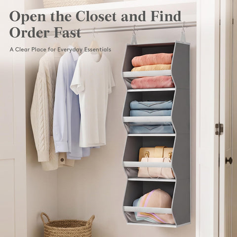 Lifewit 4-Tier Hanging Wardrobe Storage Organiser – Grey Foldable Closet Shelves with Clear PVC Window