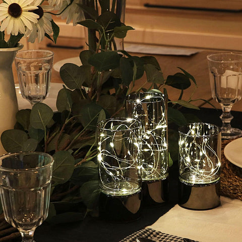 Set of 3 Glass Cylinder LED Lanterns with Fairy Lights, Battery Operated Table Lamps with 6-Hour Timer, Grey Decorative Candles