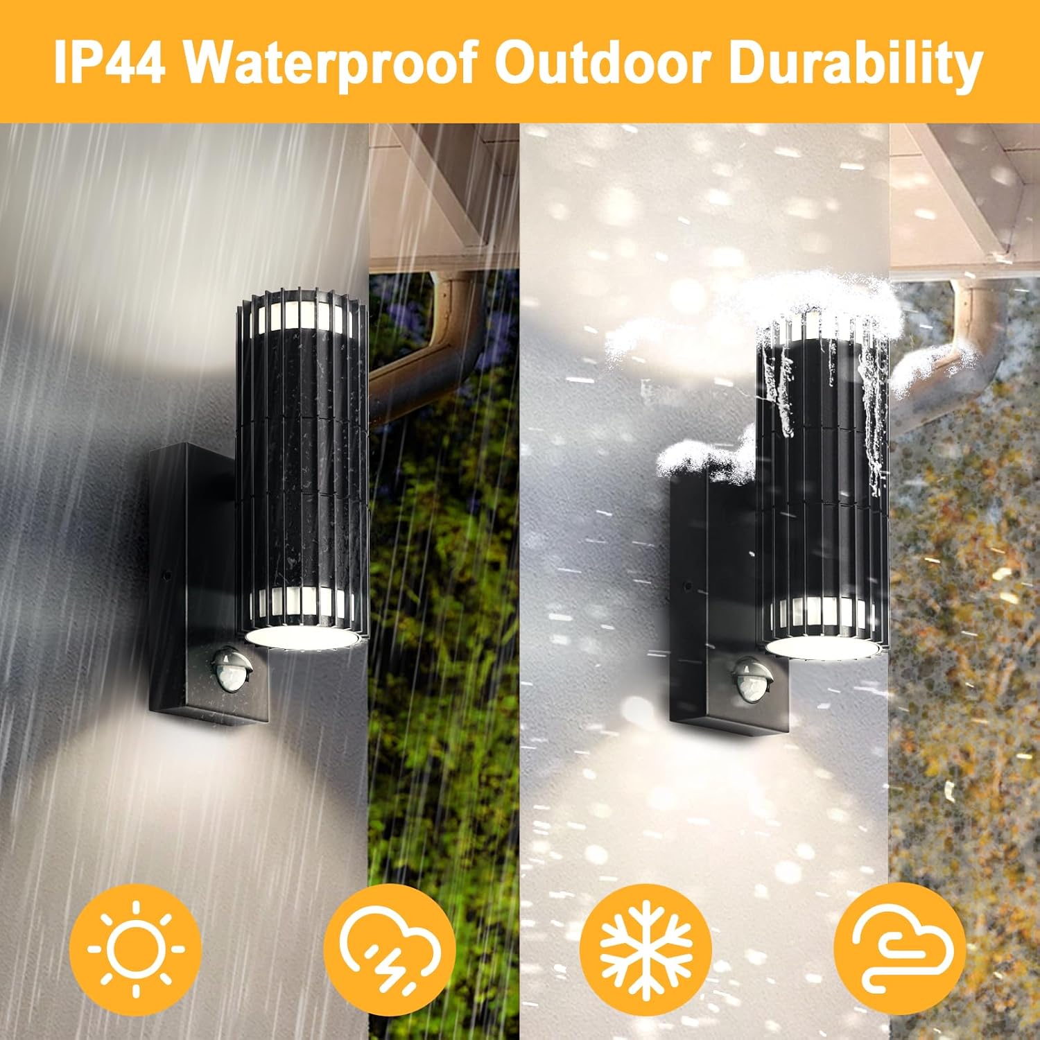 Outdoor wall light fixture with IP44 rating shown under rain, snow, and sunlight conditions.