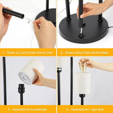 Step-by-step assembly instructions for a lamp with hands performing each step.