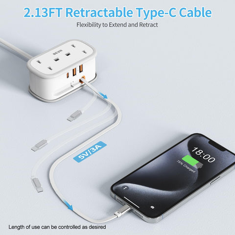 UK to US Plug Adapter with 1.5M Extension Cable, 2 Way Outlets, 3 USB Ports & Retractable USB-C Cable – Type B Travel Adaptor