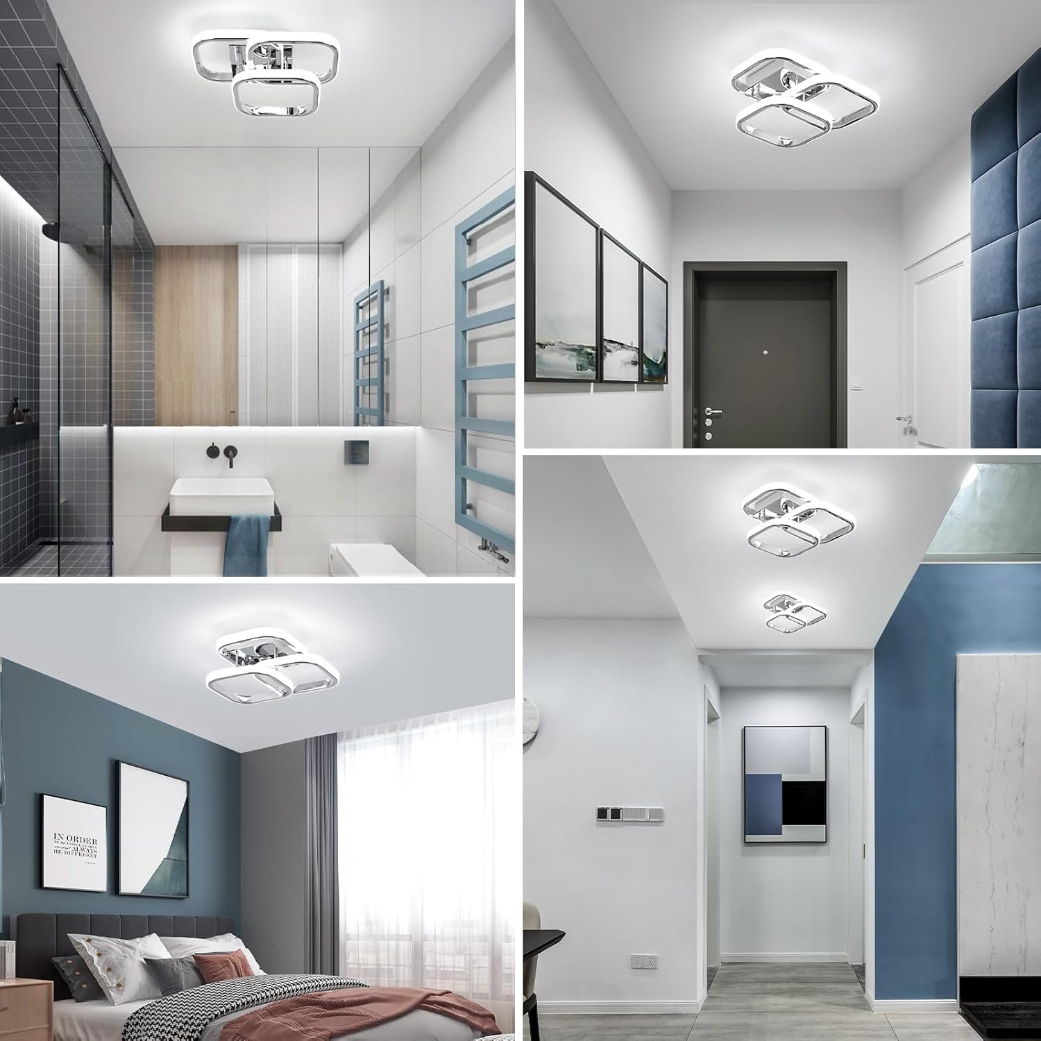 Collage of modern interior design elements including ceiling lights, walls, and furniture.
