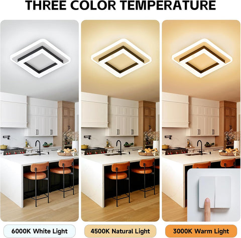 Dimmable Modern LED Ceiling Lights, Black | Acrylic, 18W 2160LM Square Living Room Ceiling Lamp with 3 Colors for Bedrooms Dining Room Hallway