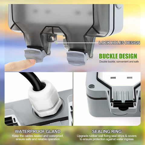 Close-up of a mechanical component with text highlighting features like lock holes, buckle design, waterproof gland, and sealing ring.