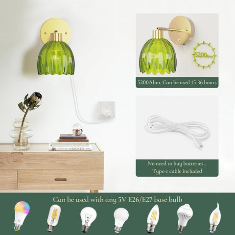 Vintage Rechargeable Wall Lights with Green Tulip Glass Shade, Dimmable, Wireless