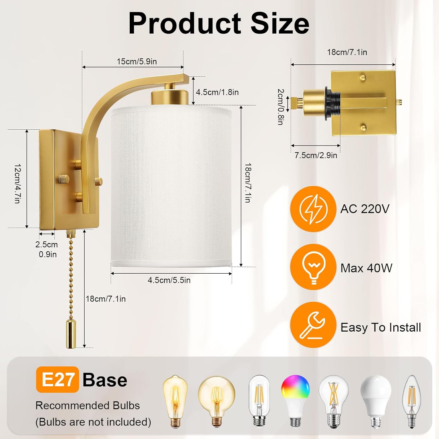 Wall-mounted light fixture with dimensions and compatibility information displayed.