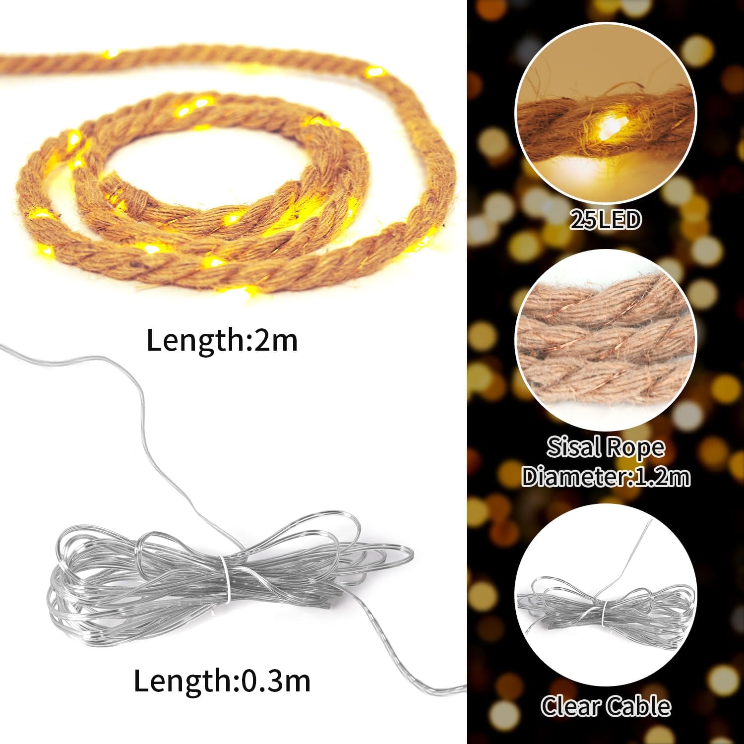 LED string light with details on length, LED count, material, and cable type.