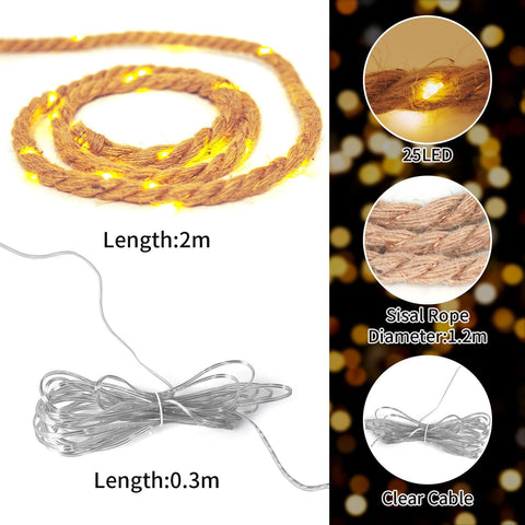 LED string light with details on length, LED count, material, and cable type.