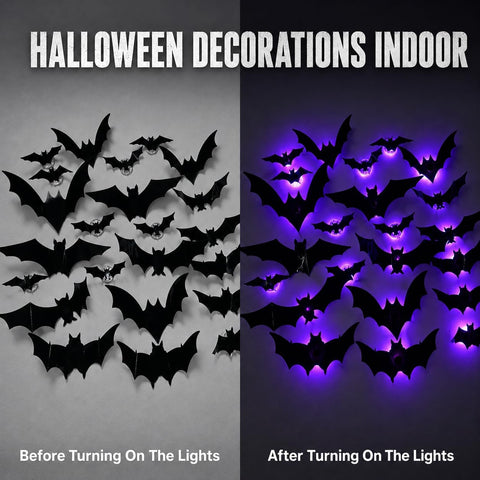 24PCS Halloween LED 3D Bat Wall Decorations – Glowing Purple Light-Up Bats with Removable Adhesives for Indoor Halloween Parties, Home, Bar & Party Décor