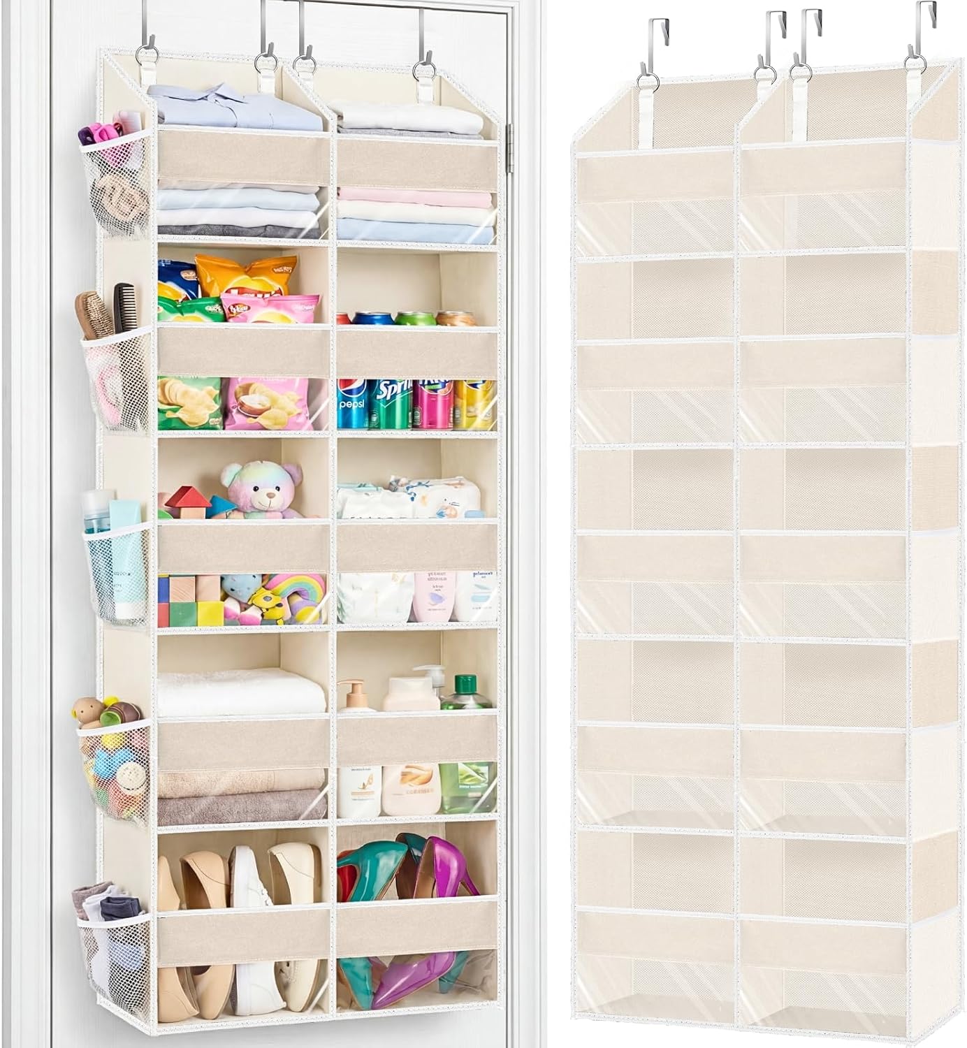 over the Door Organiser with 5 Tiers and 10 Compartments, Extra Large Hanging Door Storage with 4 Hooks, 36Kg Weight Capacity, Bedroom Wardrobe or Nursery Nappy & Toy Storage – Beige