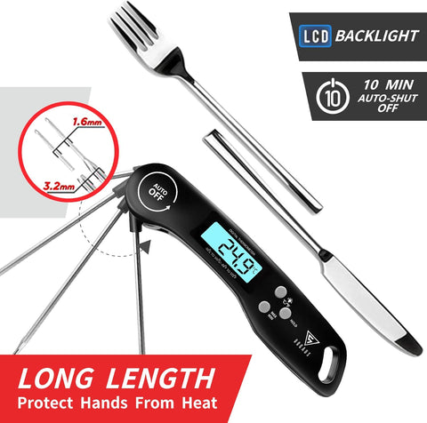 Digital Meat Thermometer Black – Instant Read Food Thermometer with Backlight & Foldable Probe