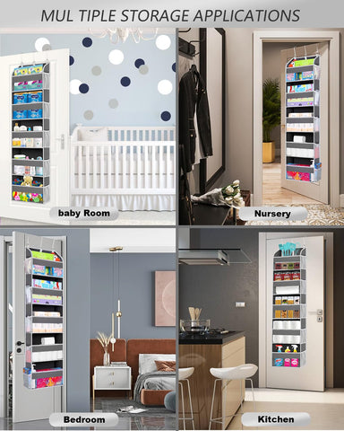 TAHAVICE Over The Door Storage Organiser, 5 Clear Window Pockets and 10 Mesh Side Pockets, Grey – Turn Unused Door Space into Smart Storage